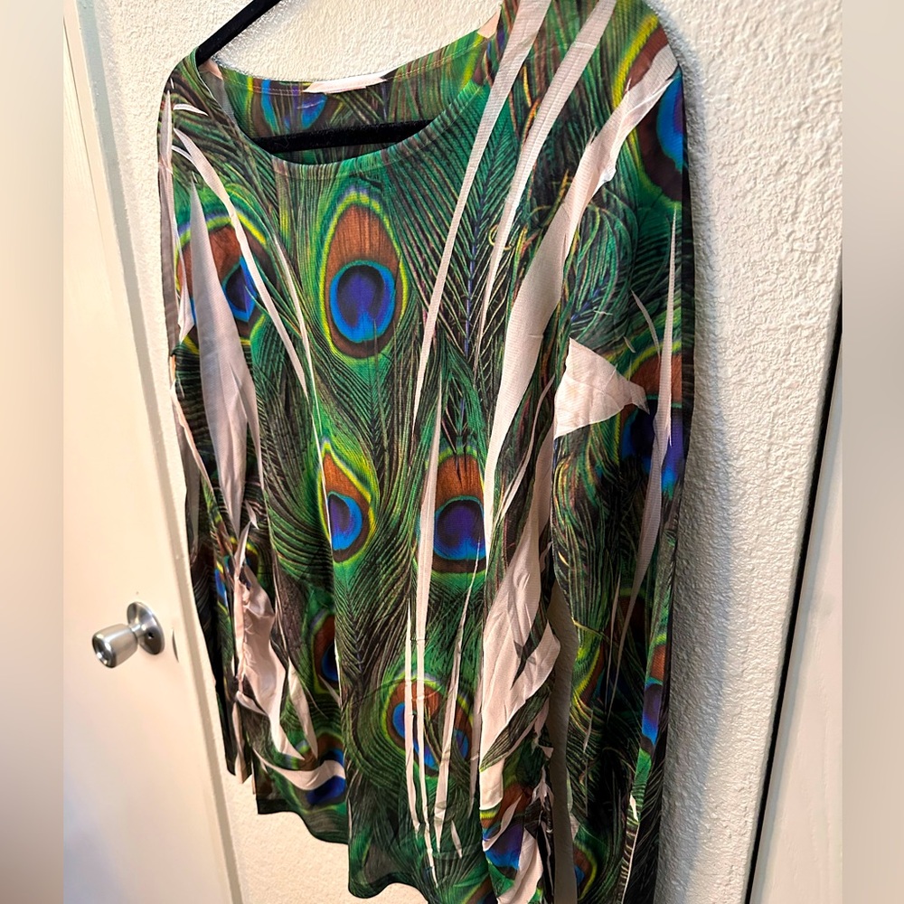 Women’s size large peacock semi-sheer long sleeve top.